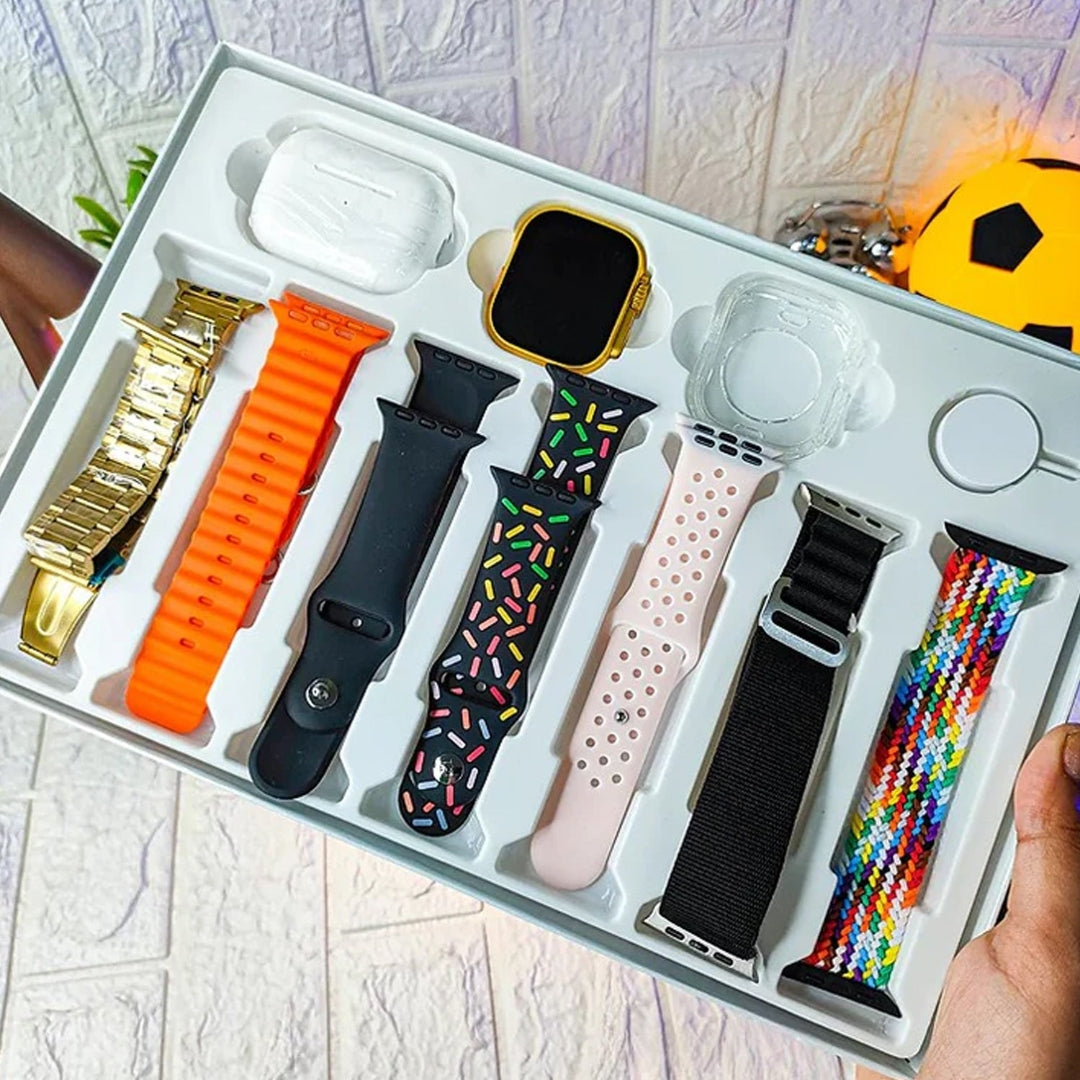10 In 1 Set Ultra 2 Smart Bluetooth Calling Smart Watch + Earphones With Transparent Screen Guard Watch With Seven Classic Straps (Mix Color)