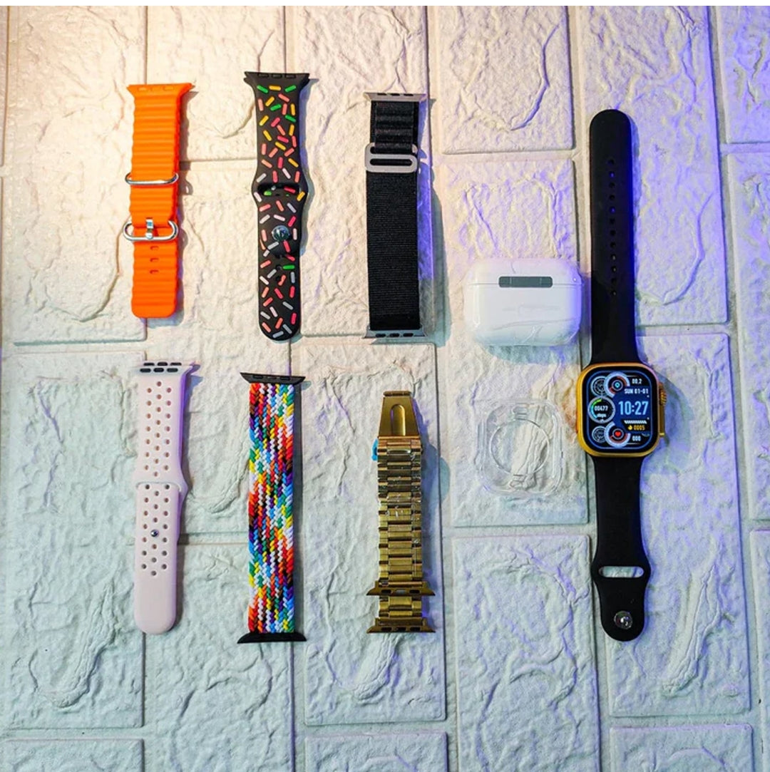 10 In 1 Set Ultra 2 Smart Bluetooth Calling Smart Watch + Earphones With Transparent Screen Guard Watch With Seven Classic Straps (Mix Color)