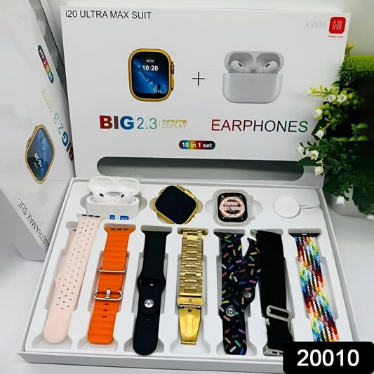 10 In 1 Set Ultra 2 Smart Bluetooth Calling Smart Watch + Earphones With Transparent Screen Guard Watch With Seven Classic Straps (Mix Color)